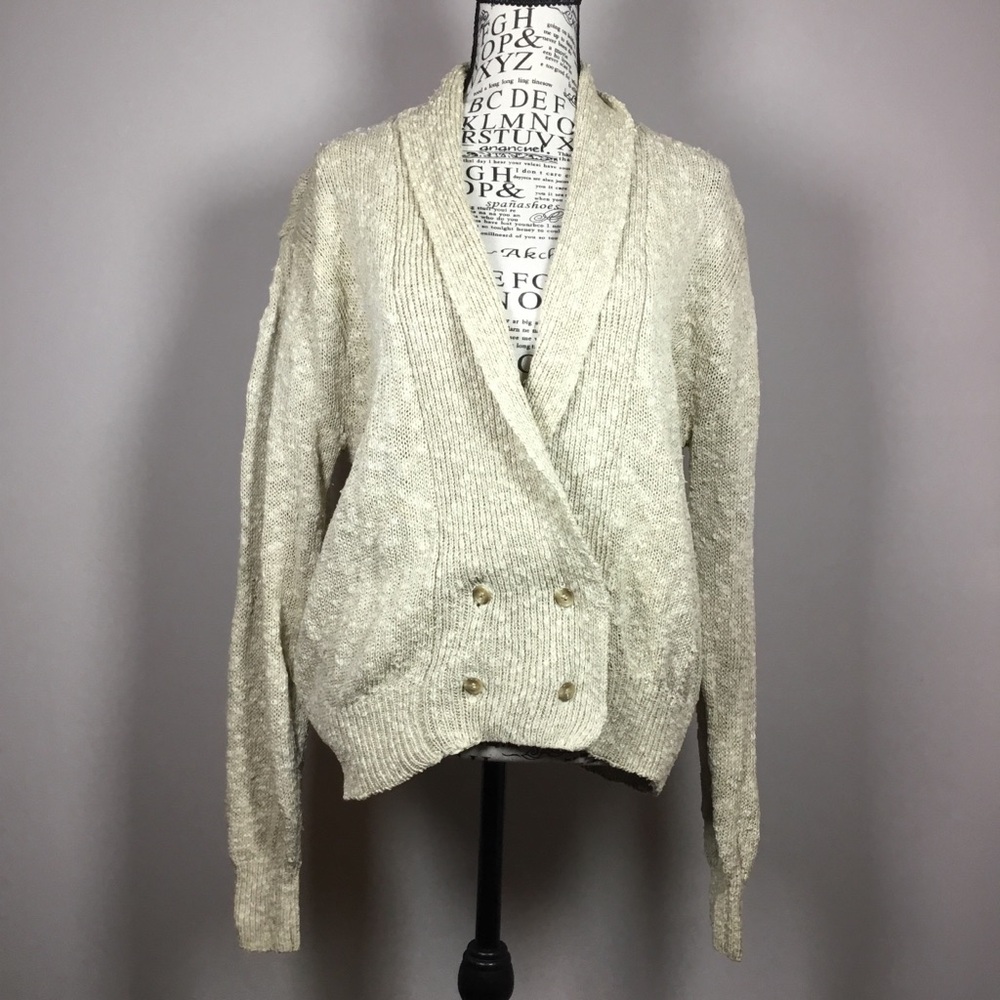 Creamy oatmeal linen cotton blend knit cardigan double buttons closure  sz 38